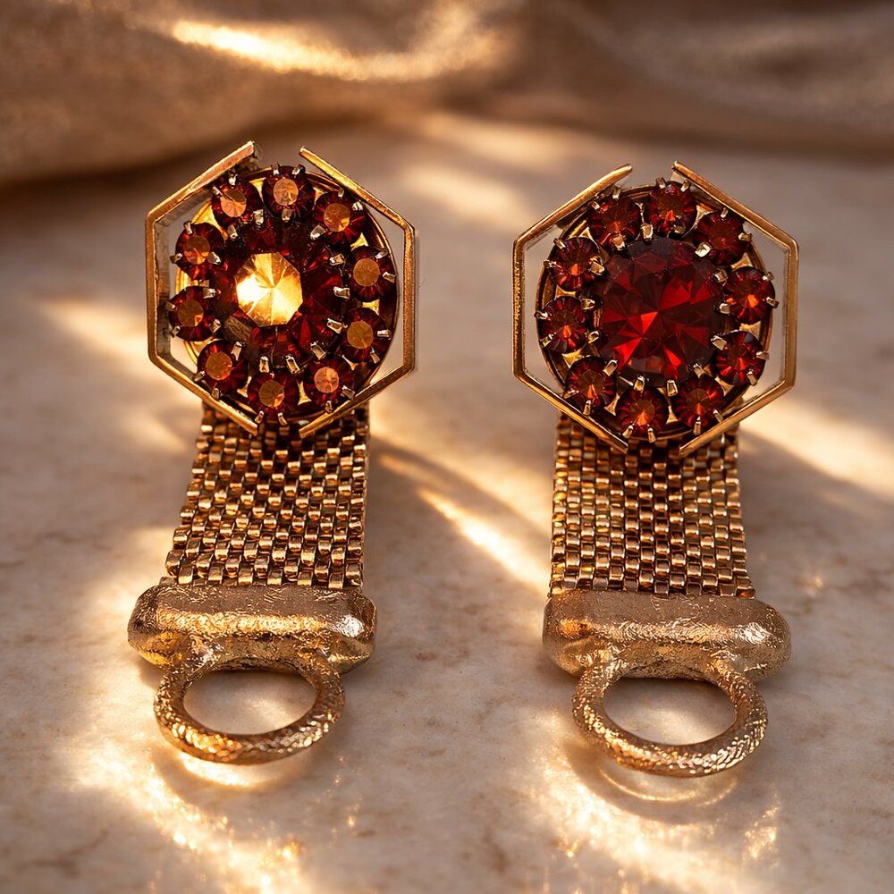 Vintage Gold Tone Faceted Amber Round Glass Crystals w/Mesh Chain Cufflinks